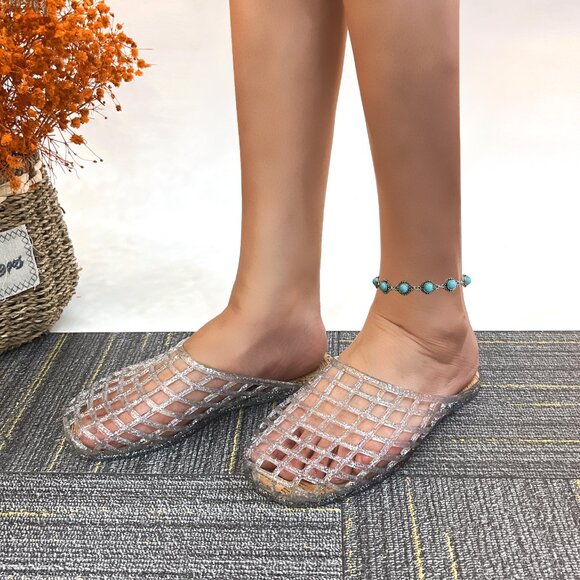 Lurnyet Womens Silver Jelly Comfort Cushion Slide Flat Sandal with Cork Footbed - Picture 7 of 7